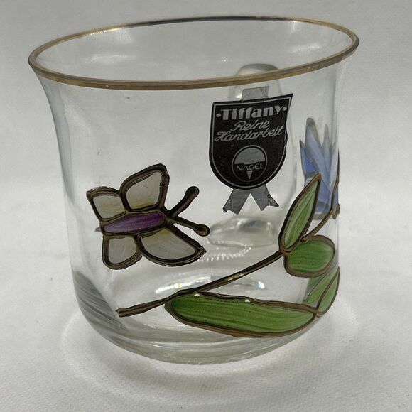 Tiffany Reine Handarbeit Painted Glass Flower Coffee Mug Nagel Floral Butterfly - Picture 2 of 7